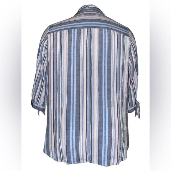 CATHERINES 0X 14/16W Plus Button Front Striped Shirt Tie Sleeve Pink Blue - Picture 2 of 4